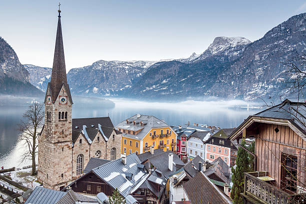 Town Hallstatt on a misty Winter Day