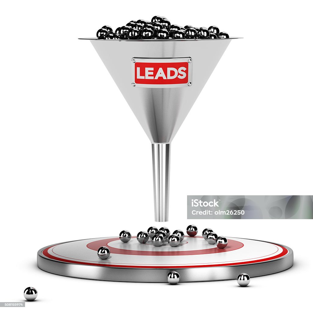 Sales Lead Nurturing funnel with many metallic spheres and one target over white background. Illustration concept of sales lead nurturing Lead Stock Photo