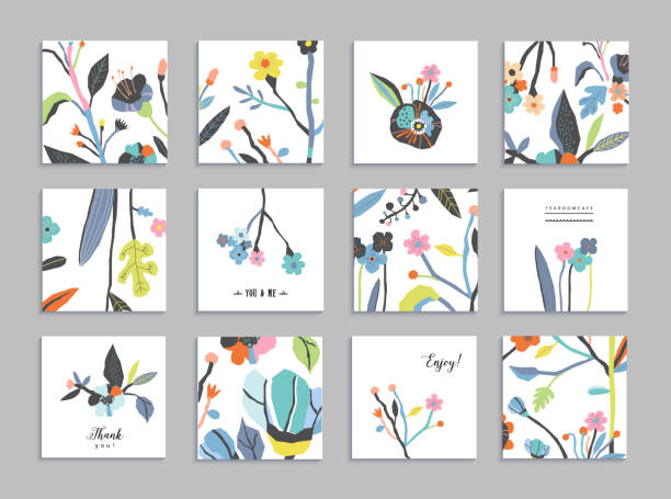 컬레션 비정상적인 카드 종이 꽃송이 - 감사합니다 일러스트 stock illustrations