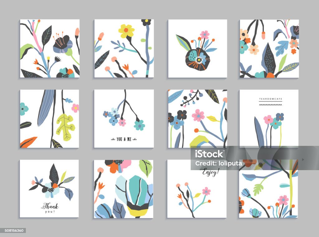 Collection of unusual cards with paper cut flowers Collection of unusual cards with paper cut flowers. Beautiful freehand colorful illustration. Design for poster, card, invitation, placard, brochure, flyer. Isolated Flower stock vector