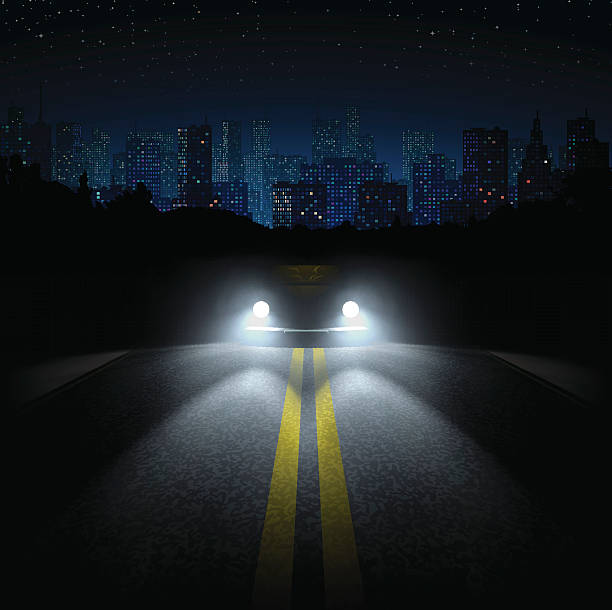 illustrazioni stock, clip art, cartoni animati e icone di tendenza di strada di notte con l'auto e la città sull'orizzonte - night drive