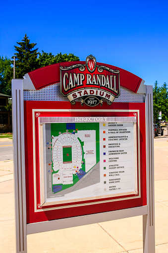 Madison, WI, USA - July 31, 2015: Camp Randall stadium information map sign outside the building. Home to the UWBadgers in Madison Wisconsin