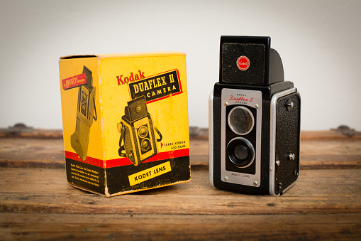 Fort Myers, FL, USA – January 18, 2016: Kodak Duaflex II film camera with Kodet Lens and original box, circa 1950s.