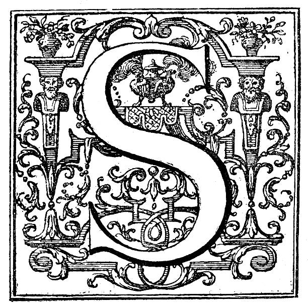 античный иллюстрация декоративный заглавная буква s - ornate text medieval illuminated letter engraved image stock illustrations