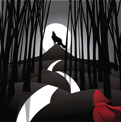 Little Red Riding Hood fairy tale depiction with howling wolf and frightened riding hood. 