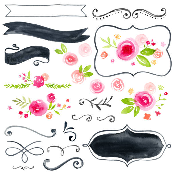 ilustraciones, imágenes clip art, dibujos animados e iconos de stock de conjunto de pintado a mano elementos de diseño de flores acuarela - autumn leaf single flower flower