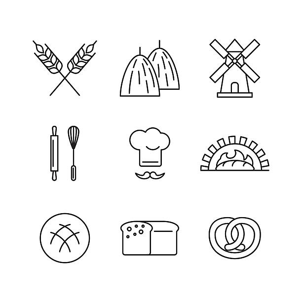 Wheat factory icon set Line art flat design of set icons for wheat factory or bakery with items of bread processing. watermill stock illustrations