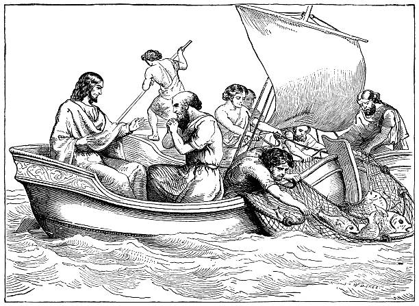 예수스, disciples 낚시 바다빛/갈릴리 - historical geopolitical location transportation 19th century style old stock illustrations