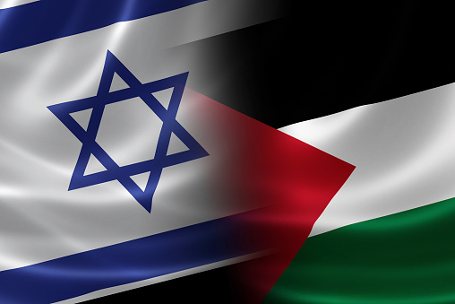3D rendering of a merged Israeli-Palestinian flag on satin texture.