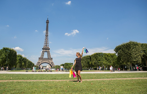 Young woman on the champs de mars in Paris with multicoloured shopping bags.http://www.mediafire.com/convkey/2db6/jd9jd8sfblsb65rfg.jpg