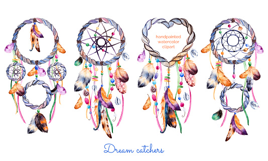 Hand drawn illustration of 4 dreamcatchers.Ethnic illustration with native American Indians watercolor dreamcatcher.Boho style. Parfect for Happy Valentines Day, print,diyprojects,print,greeting card