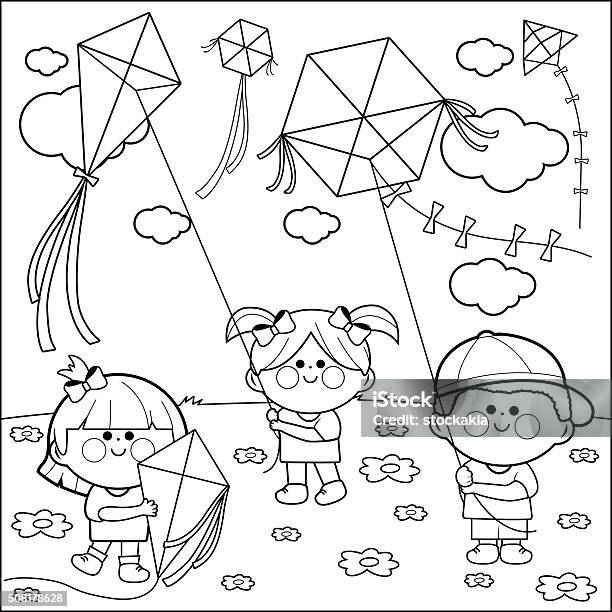 Children Flying Kites Coloring Book Page Stock Illustration - Download Image Now - Springtime, Coloring Book Page - Illlustration Technique, Child