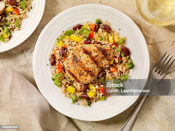 Grilled Chicken With Quinoa And Brown Rice Salad Stock Photo - Download Image Now - Chicken Meat, Rice - Food Staple, Vegetable