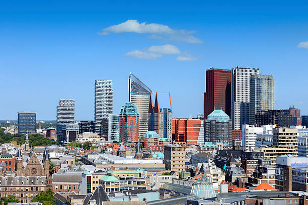 The Hague, Netherlands - July 21, 2015; aerial view on the city centre of The Hague with its characteristic town hall, ministries, office buildings and districts, seen from the church tower of the Grote of Sint-Jacobskerk. 