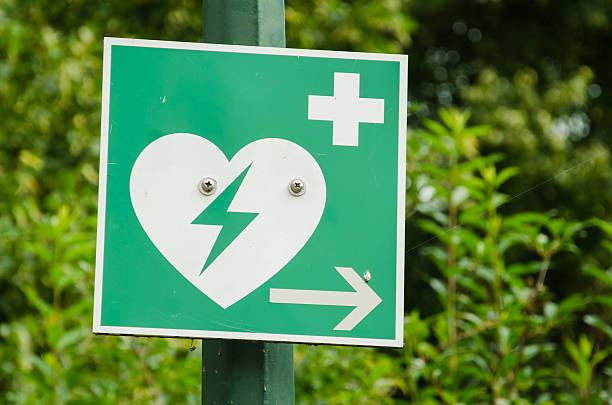 Automated External Defibrilator sign An AED sign in Germany defibrillator photos stock pictures, royalty-free photos & images
