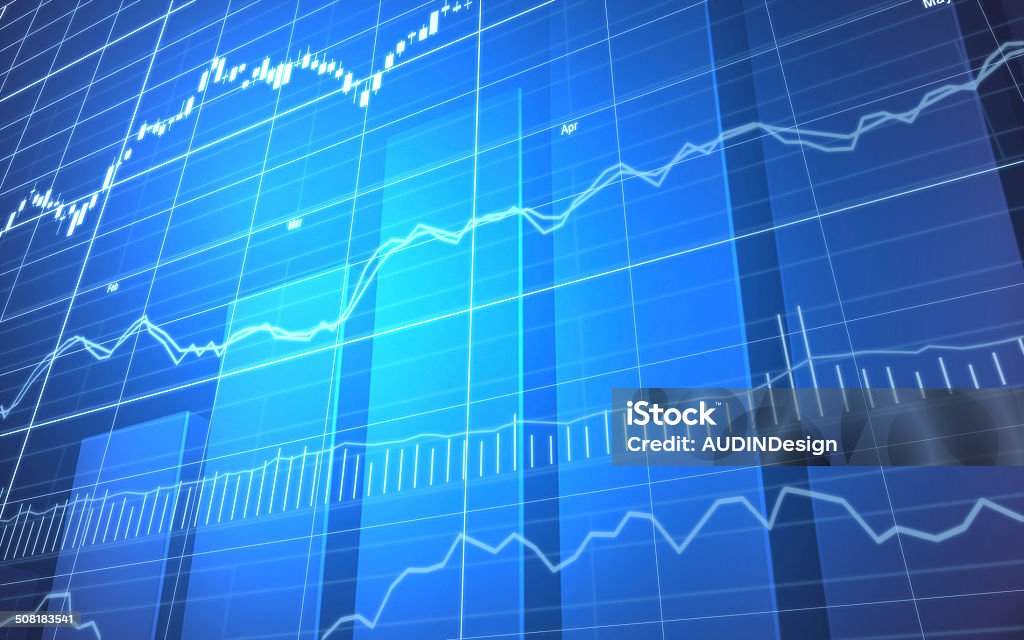 Stock Market Graph and Bar Chart 3D Render of bar graph and ticker Trading Board Stock Photo