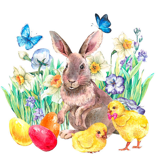szczęśliwy wielkanoc stylu vintage powitanie karta z króliczek i kurcząt - floral pattern butterfly easter easter egg stock illustrations