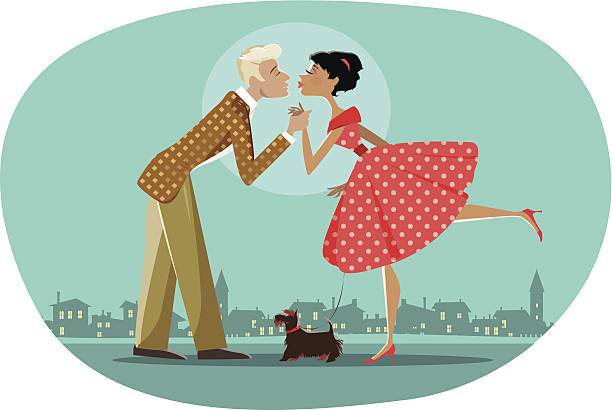 Romantic retro couple kissing Vector illustration of a retro style couple walking a dog and kissing; background can be easily removed kissing illustrations stock illustrations