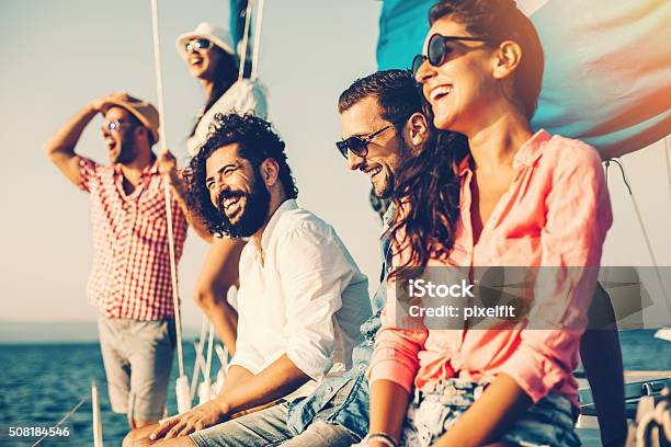 Happy Friends On A Yacht Stock Photo - Download Image Now - Friendship, Nautical Vessel, Luxury