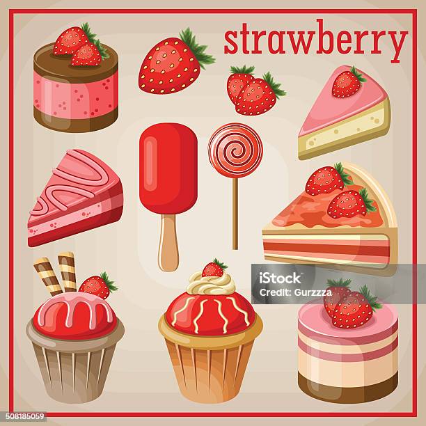 Set Of Sweets With Strawberry Stock Illustration - Download Image Now - Strawberry Tart, Baked, Bakery