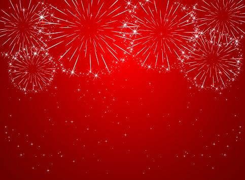 Stars and shiny fireworks on red background, illustration.