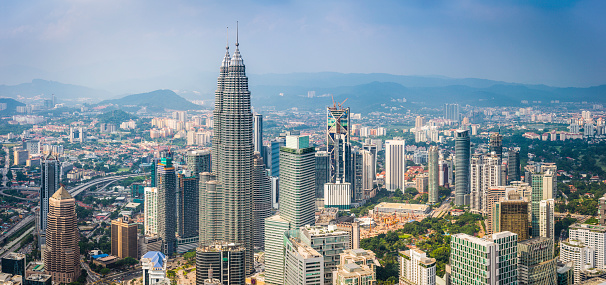 Aerial view over the skyscrapers and landmarks of Kuala Lumpur, Malaysia's vibrant capital city, from the iconic spires of the twin Petronas Towers to the hotels and malls of Bukit Bintang. ProPhoto RGB profile for maximum color fidelity and gamut.