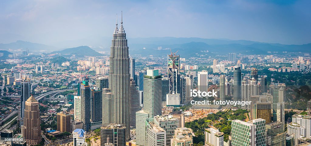 Kuala Lumpur futuristic cityscape panorama Petronas Towers iconic skyscrapers Malaysia Aerial view over the skyscrapers and landmarks of Kuala Lumpur, Malaysia's vibrant capital city, from the iconic spires of the twin Petronas Towers to the hotels and malls of Bukit Bintang. ProPhoto RGB profile for maximum color fidelity and gamut. Bukit Bintang Stock Photo