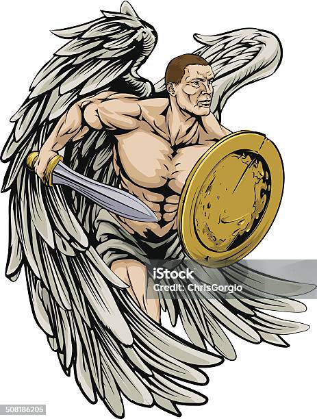 Sword And Shield Angel Stock Illustration - Download Image Now - Animal Wing, Men, Sword