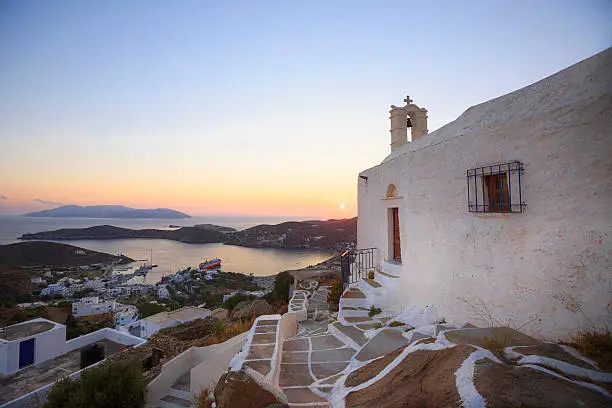 Greek island Ios, Orthodox Church. Ios (Greek: Ίος, locally Νιός Nios) is a Greek island in the Cyclades group in the Aegean Sea.