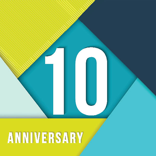 10 year anniversary material design template 10 ten year anniversary colorful template with number, text label and geometry shapes in flat material design style. Ideal for poster or card. EPS10 vector. 10 11 years stock illustrations