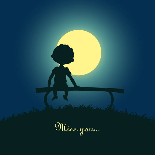 cậu bé ngồi cô đơn dưới ánh trăng - sad boy outside hình minh họa sẵn có