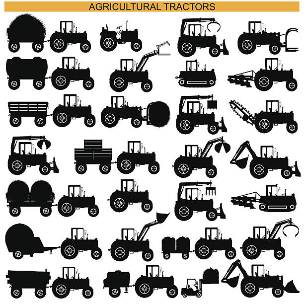 Vector Agricultural Tractor Pictograms Vector black pictograms of agricultural tractors and machinery, isolated on white background hay baler stock illustrations