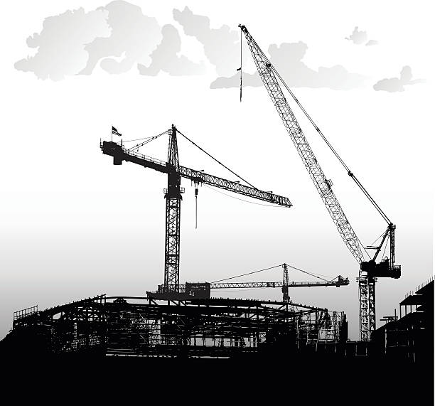 gebäude-gebäude-komplex - silhouette crane construction construction site stock-grafiken, -clipart, -cartoons und -symbole