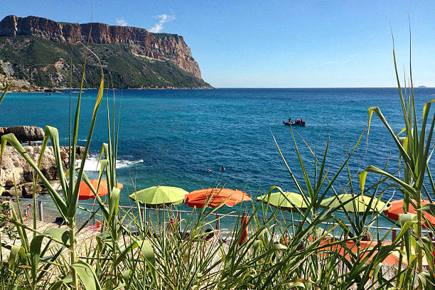 Bay with umbrellas in Cassis/France stock photo