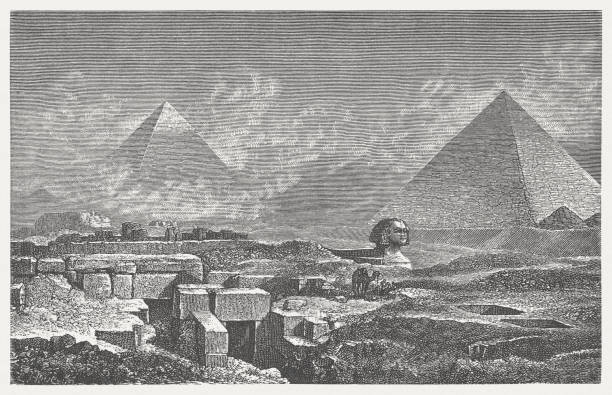 , pyramides i sfinks w gizie, drewno grawerowanie, opublikowana w 1882 - pyramid of mycerinus pyramid great pyramid giza stock illustrations