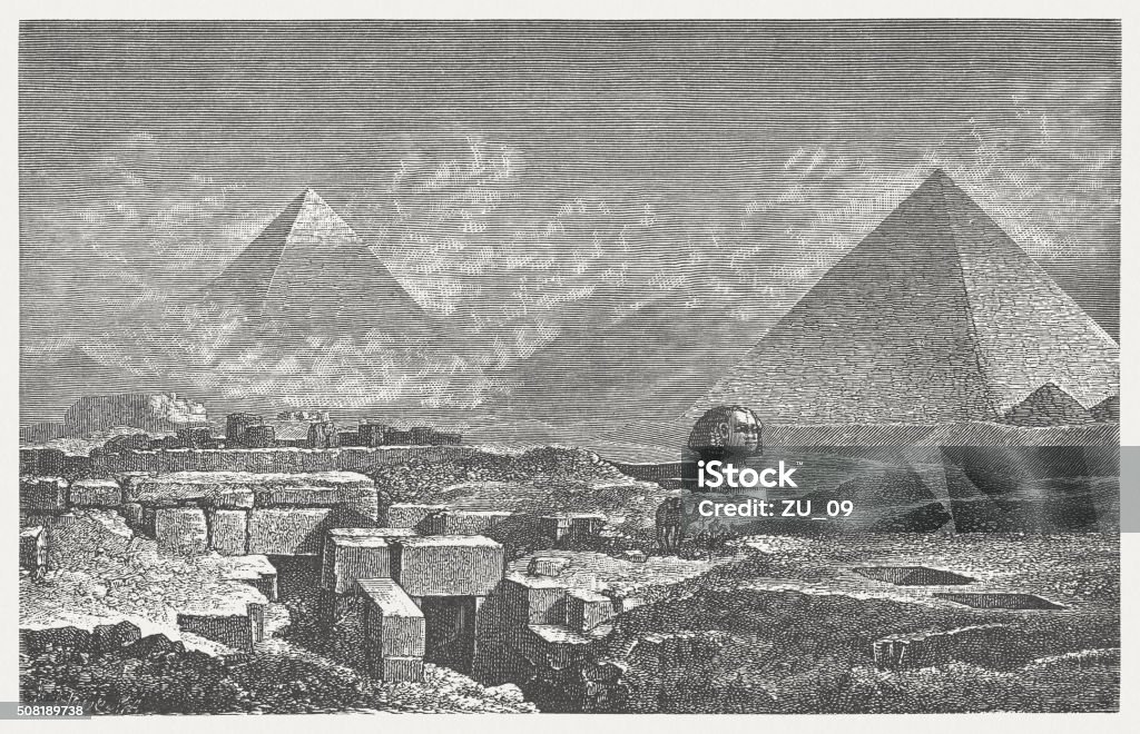 Giza, Pyramides and Sphinx, wood engraving, published in 1882 Giza (Gizeh), near Cairo in Egypt with Pyramides and Sphinx. Historical view of the 19th century. Wood engraving, published in 1882. 19th Century stock illustration