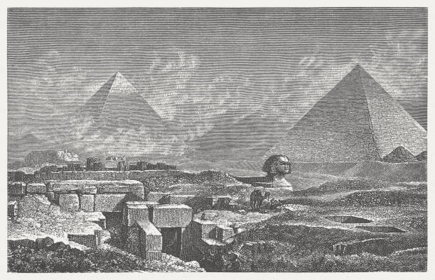 Giza, Pyramides and Sphinx, wood engraving, published in 1882 Giza (Gizeh), near Cairo in Egypt with Pyramides and Sphinx. Historical view of the 19th century. Wood engraving, published in 1882. pyramid of mycerinus stock illustrations