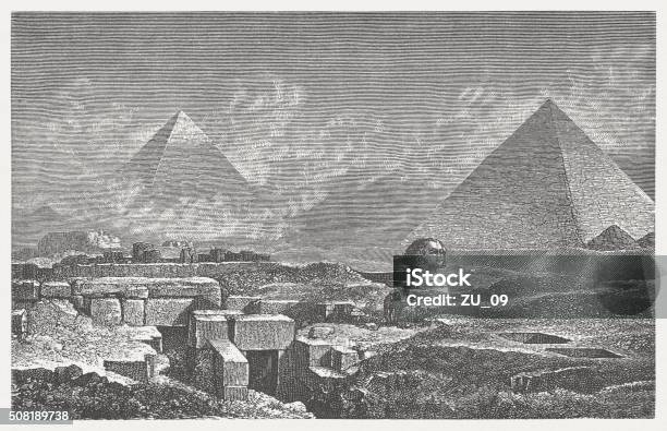 Giza Pyramides And Sphinx Wood Engraving Published In 1882 Stock Illustration - Download Image Now