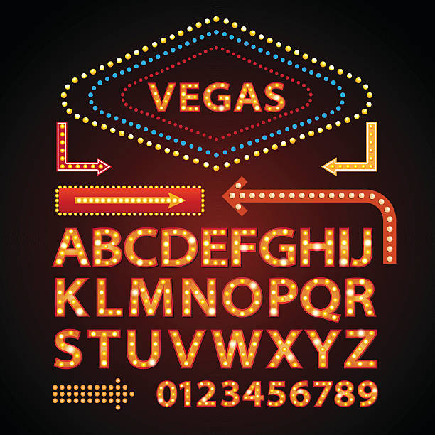 vektor orange neon lampe buchstaben schrift karte vegas licht anmelden - losvegas stock-grafiken, -clipart, -cartoons und -symbole