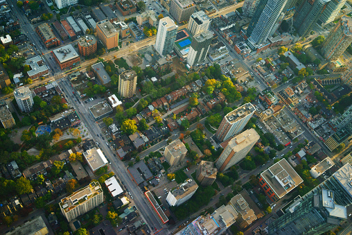 aerial view of downtown Toronto, evening light