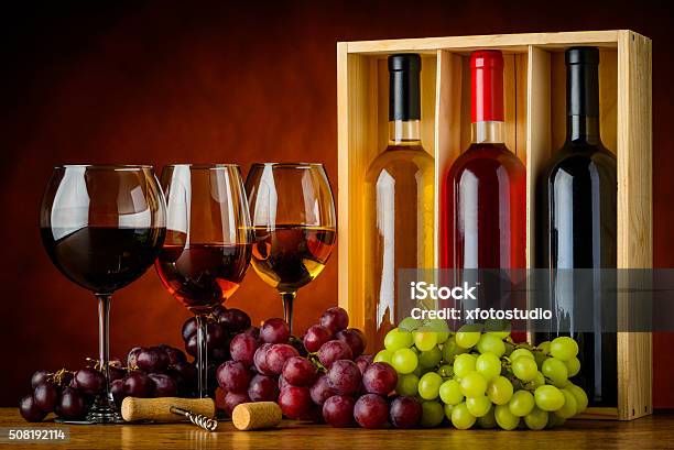 Red Rose And White Wine In Glass And Bottle Stock Photo - Download Image Now - Alcohol - Drink, Bottle, Cork - Stopper