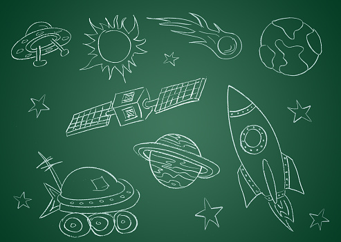 This is a photo of  a green chalkboard with outerspace drawing on in including a rocketship, stars, ufo, satellite,saturn, earth and sun. The drawings were all done by the photographer.