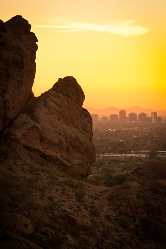 View of down town Phoenix, Arizona shot from Camelback Mountain at sunset.
