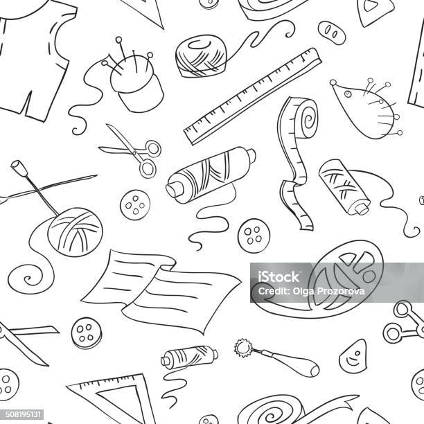 Seamless Background With Sketches Of Sewing Tools Stock Illustration - Download Image Now - Doodle, Audio Cassette, Tape Measure