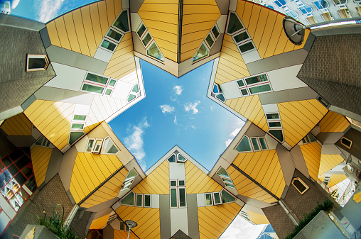 Rotterdam, The Netherlands - October 23, 2013:  Cube houses are a set of innovative houses built in Rotterdam and Helmond in the Netherlands, designed by architect Piet Blom and based on the concept of \