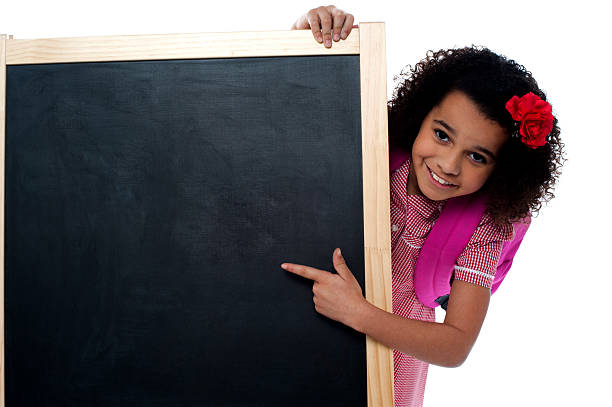 istock Smiling girl peeps from behind the standing board 508196941