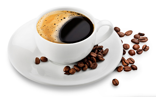 Coffee cup and beans on a white background. Clipping Path