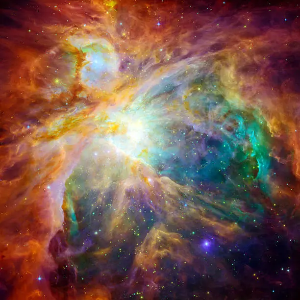 The cosmic cloud Orion Nebula - 1,500 light-years away from Earth. Recolored, retouched and cleaned version of original image with infrared and visible-light from Hubble Space Telescopes: NASA/JPL-Caltech/ST ScI