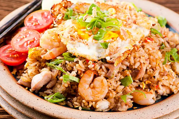 Photo of Nasi Goreng with fried egg, chicken and shrimp