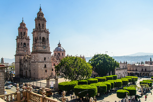 High point of view of Morelia Cathedral and town square.